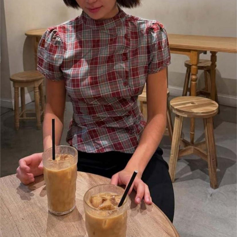 Damen Karierte Bluse mit hoher Taille und Puffärmeln