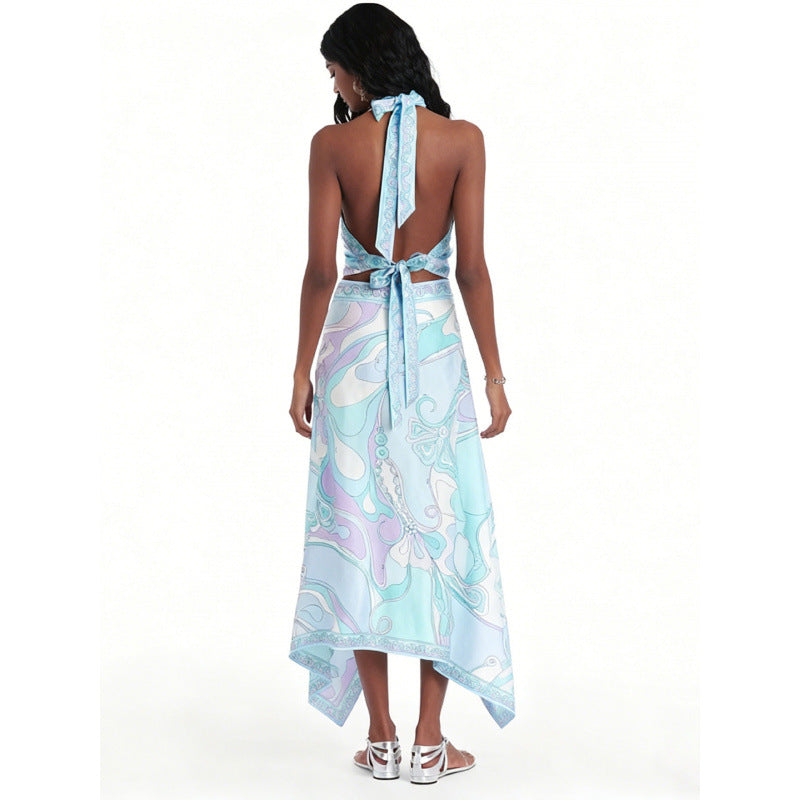 Damen Halterkleid mit asymmetrischem Saum und auffälligem Grafikdruck Shopnory