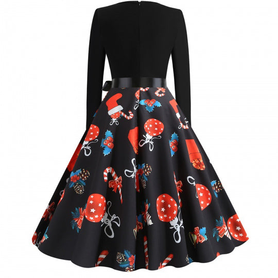 Damen Retro Swingkleid mit Jersey‑Oberteil, taillierter Satin‑Schärpe und festlichem Print Shop Nory