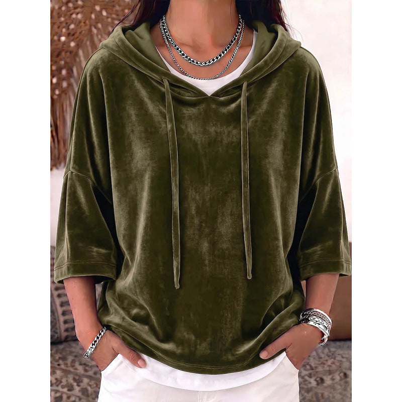 Damen Oversize Samt-Halbarm-Hoodie mit Kordelzug und Taschen Shop Nory