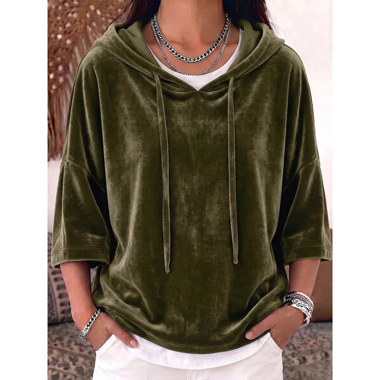 Damen Oversize Samt-Halbarm-Hoodie mit Kordelzug und Taschen Shop Nory