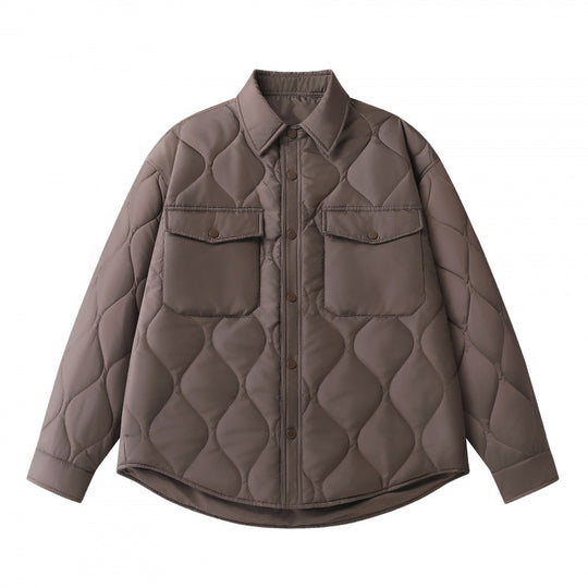Unisex Gepolsterte gesteppte Hemdjacke mit Pattentaschen und abgerundetem Saum Shop Nory