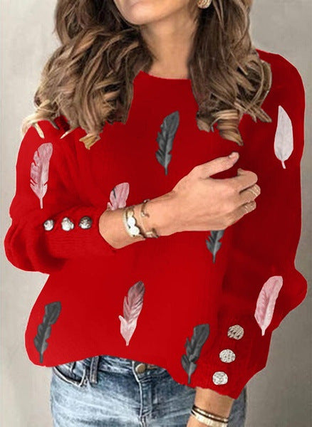 Damen Feinstrickpullover mit Federmotiv, Rundhalsausschnitt und dekorativer Knopfleiste Shop Nory