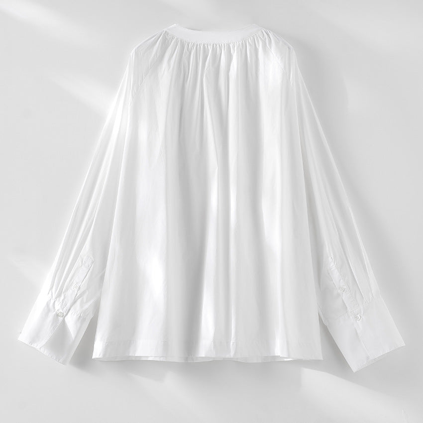 Damen Bluse mit gerafftem Rundhalsausschnitt und durchgehender Knopfleiste Shop Nory