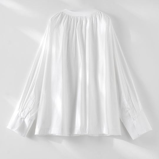 Damen Bluse mit gerafftem Rundhalsausschnitt und durchgehender Knopfleiste Shop Nory