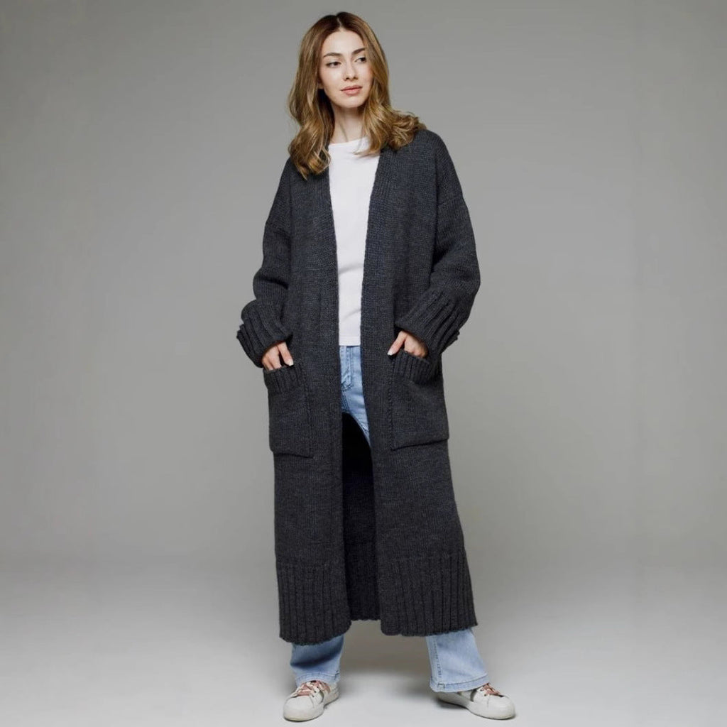 Damen bequemer langer Strickcardigan mit Taschen und breiten Ärmeln