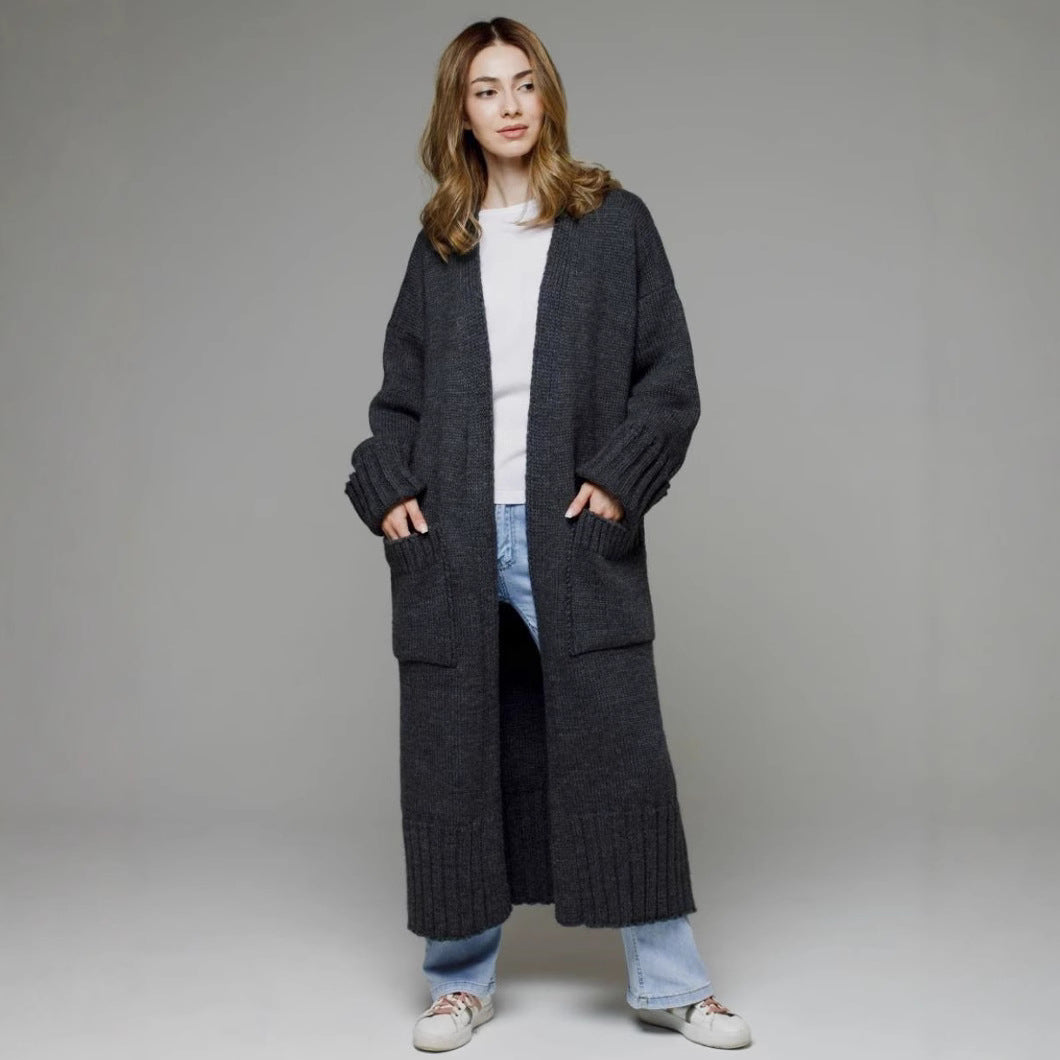 Damen bequemer langer Strickcardigan mit Taschen und breiten Ärmeln