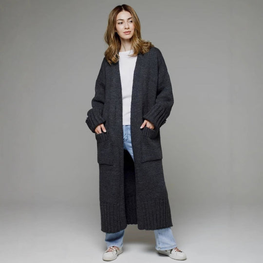 Damen bequemer langer Strickcardigan mit Taschen und breiten Ärmeln