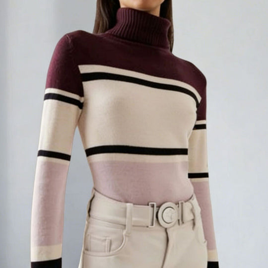 Damen langes Rollkragen Strickkleid mit Sternmotiv, Blockstreifen und elastischem Rippbündchen Shop Nory