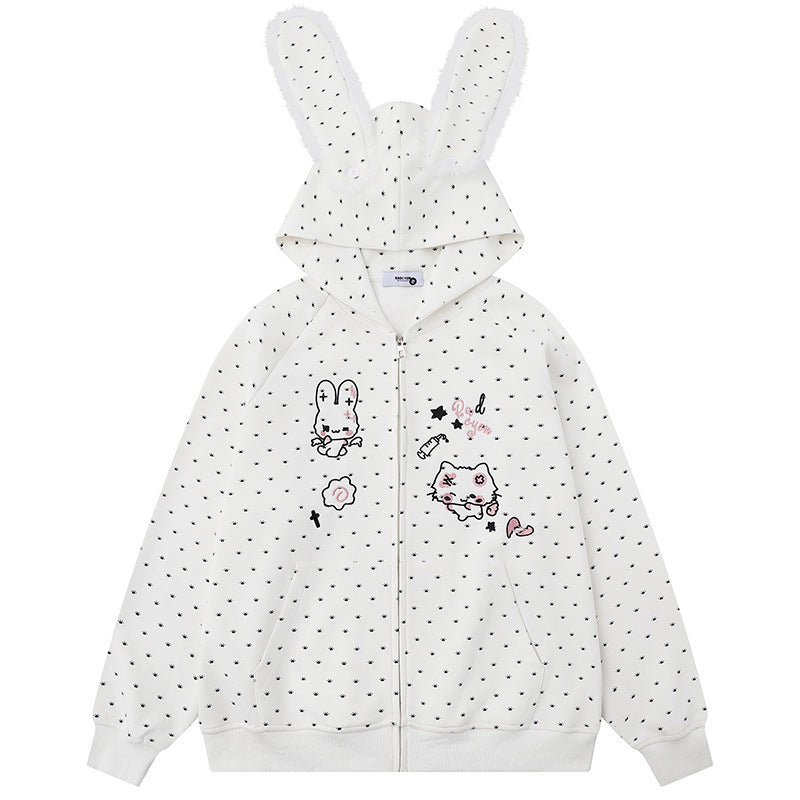 Damen Kapuzensweatjacke im Cozy-Kawaii‑Stil mit 3D-Ohren, Allover-Pünktchen und Frontreißverschluss Shop Nory