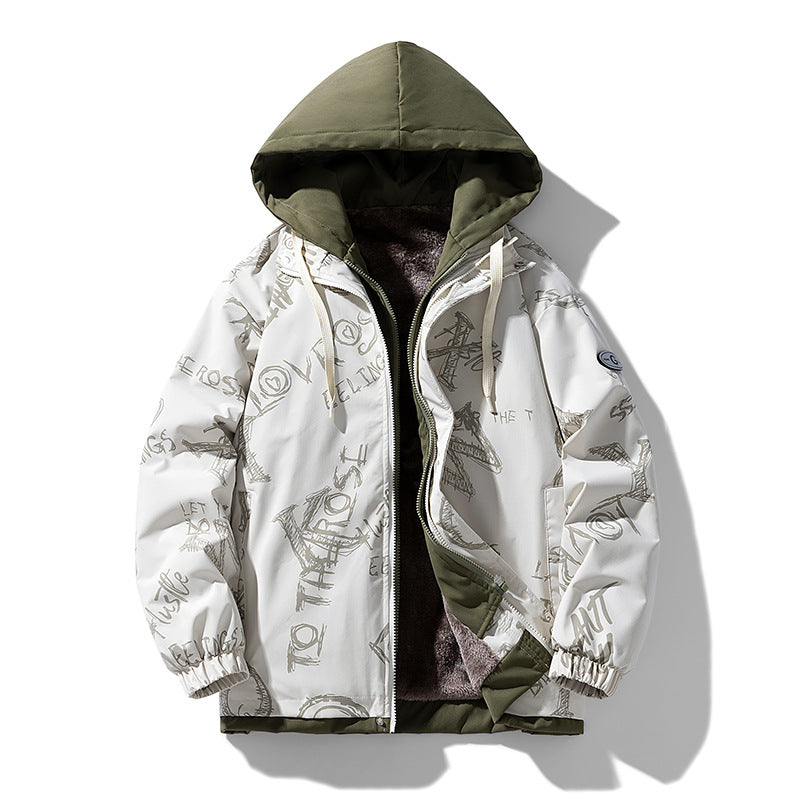 Herren Gefütterte Kapuzenjacke mit grafischem Print, Teddy-Innenfutter und winddichter Außenhülle Shop Nory