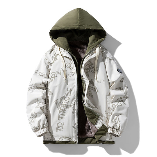 Herren Gefütterte Kapuzenjacke mit grafischem Print, Teddy-Innenfutter und winddichter Außenhülle Shop Nory
