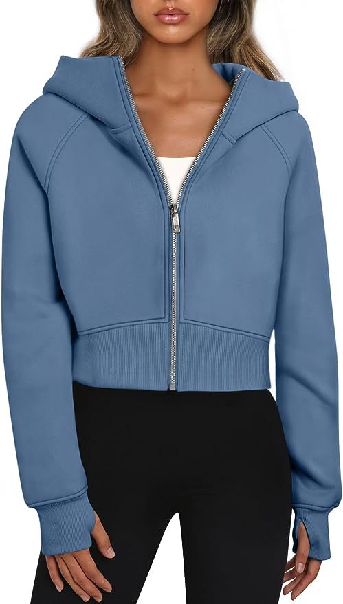 Damen Kurz geschnittener Performance-Kapuzenpullover mit durchgehendem Reißverschluss und Daumenlochbündchen Shop Nory