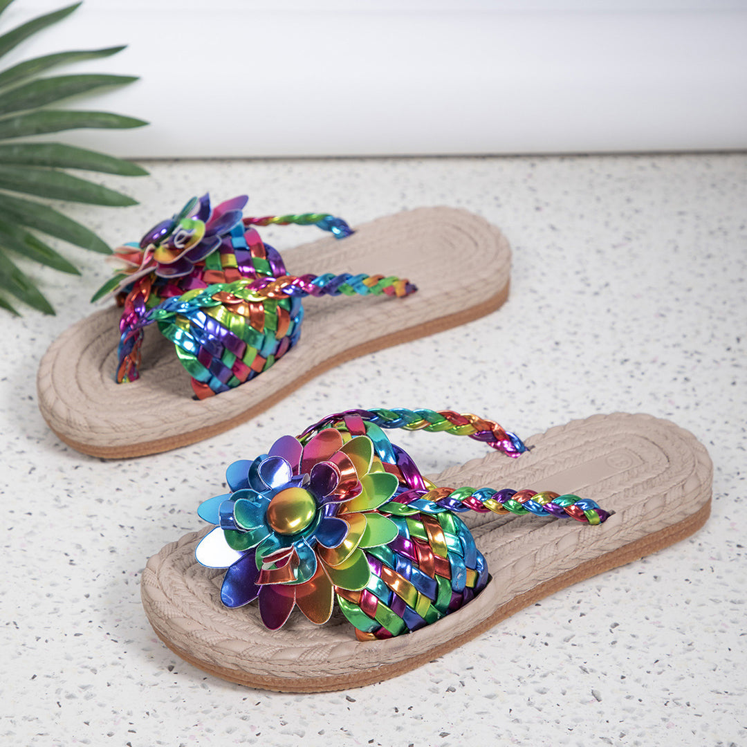 Damen Geflochtene Zehentrenner‑Sandalen mit XXL‑Blütenapplikation und gepolstertem Komfortfußbett Shop Nory