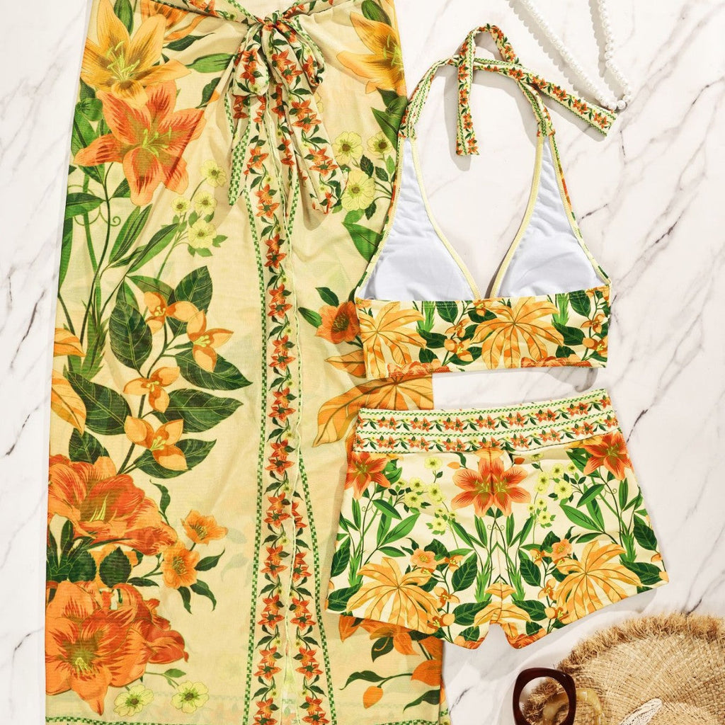 Damen Bikiniset mit floralem langen Überwurf