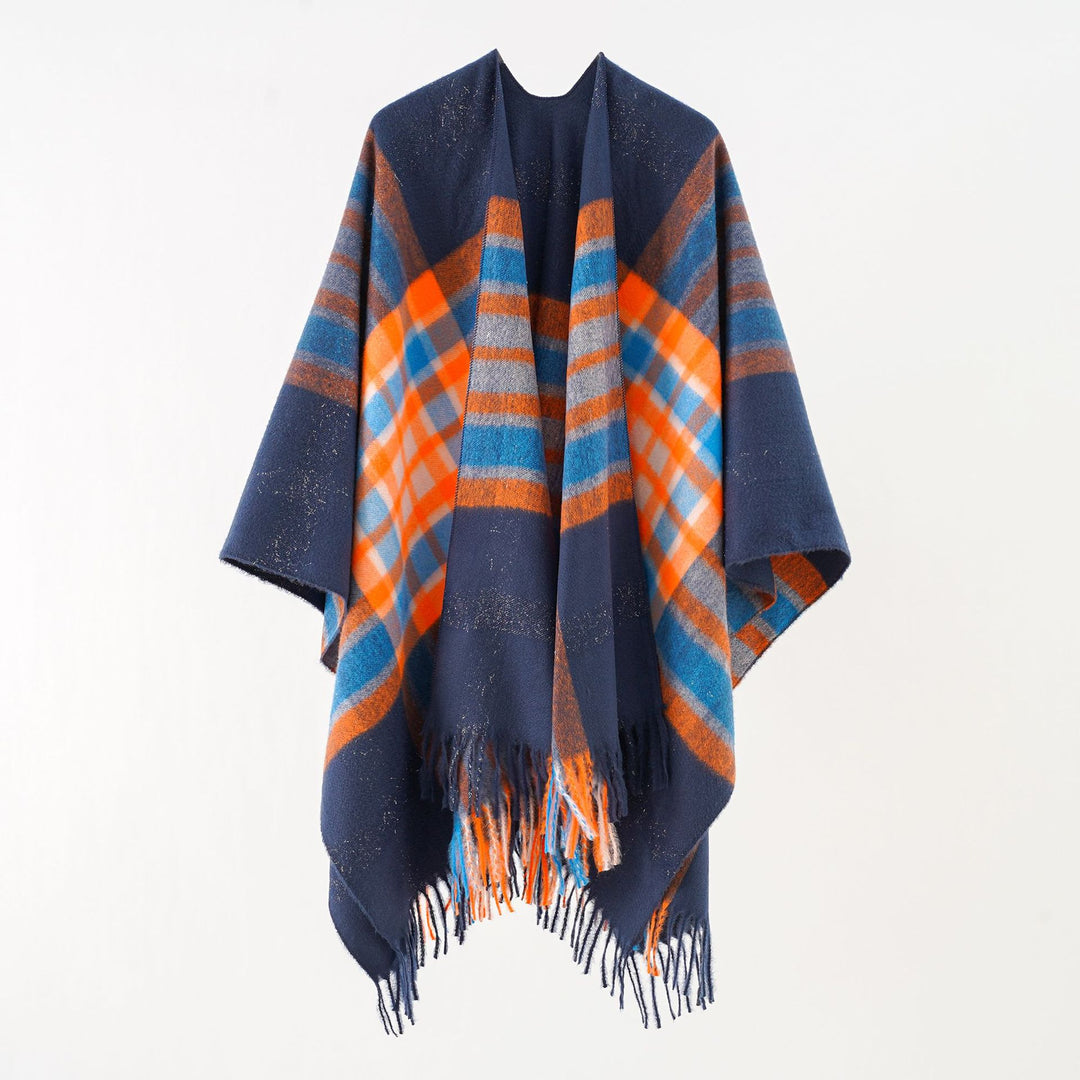 Damen Oversize karierter Wollponcho mit Fransen Shop Nory