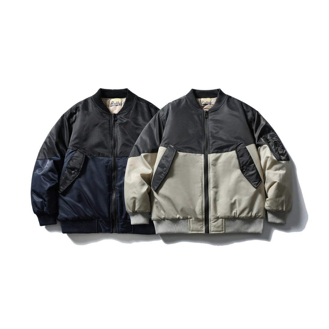 Unisex Kurz geschnittene zweifarbige Nylon‑Bomberjacke mit Utility‑Klappentaschen und Ärmel‑Zipper Shop Nory