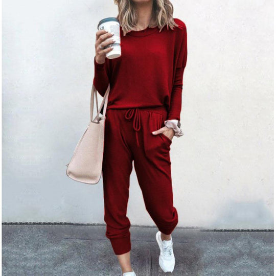 Damen Lässiges Lounge-Set mit Rundhalsausschnitt, Kordelzug-Hose und Bündchen Shop Nory