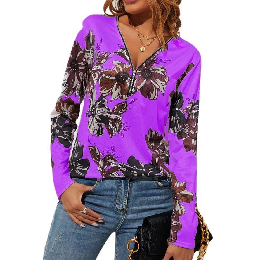 Damen Langarmshirt mit Reißverschluss V-Ausschnitt und großem Blumenmuster Shop Nory