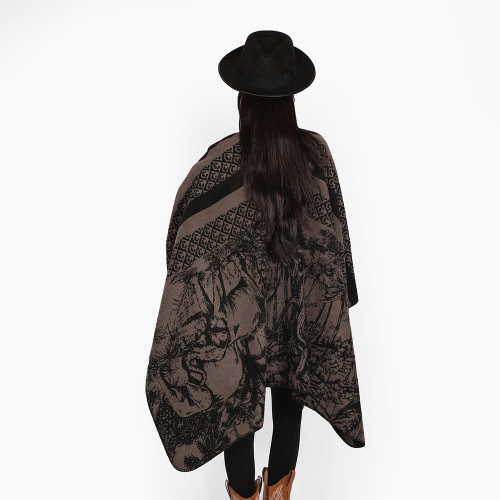 Damen Jacquard-Strickcape mit Stehkragen und grafischem Waldmotiv Shop Nory