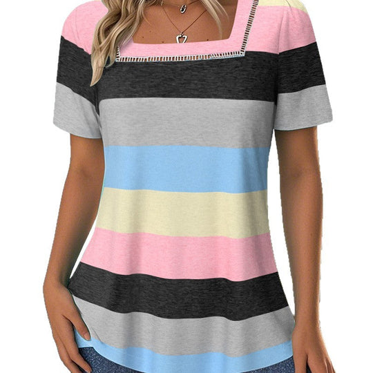 Damen T-Shirt mit modernem Streifenmuster und dekorativem Rundhalsausschnitt