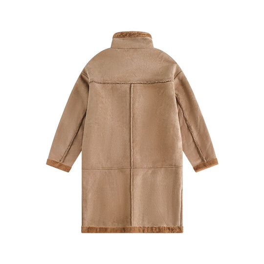 Damen Langer Oversize Lammfell‑Imitat Mantel mit Stehkragen und Schnallenverschluss Shop Nory