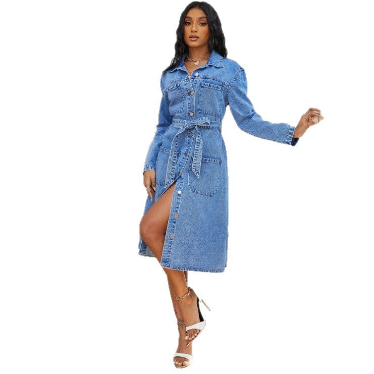 Damen Midikleid aus Denim mit Taillengürtel und durchgehender Knopfleiste Shop Nory