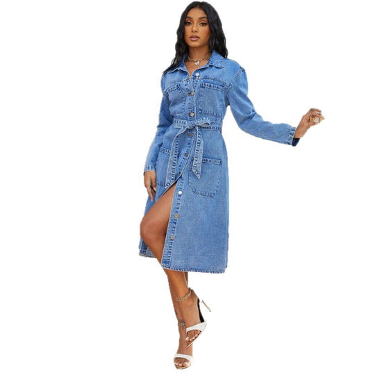 Damen Midikleid aus Denim mit Taillengürtel und durchgehender Knopfleiste Shop Nory
