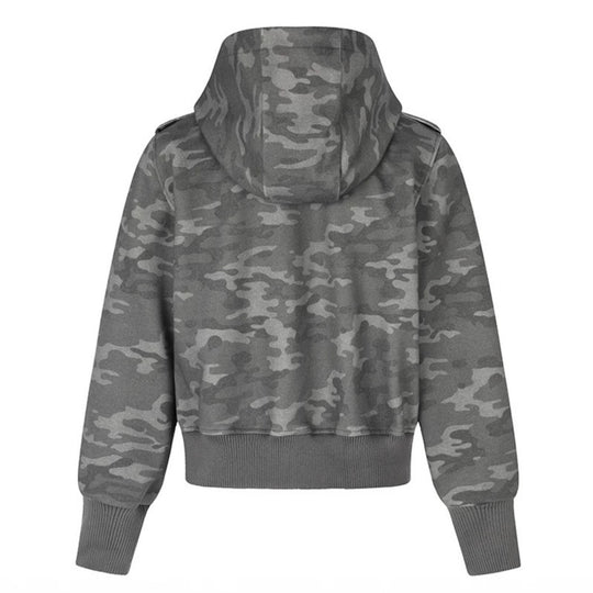 Damen Kurz geschnittene Kapuzen-Sweatjacke im Military-Camo mit dekorativen Stern‑Strapdetails Shop Nory