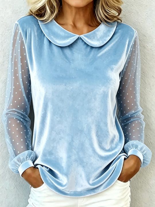 Damen Kuschelige Samtbluse mit Peter-Pan-Kragen und gepunkteten Mesh-Ärmeln Shop Nory