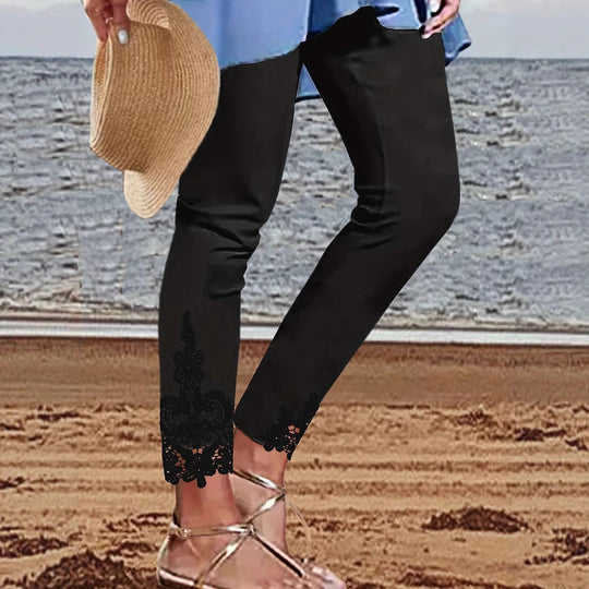 Damen Leggings mit spitzenbesetztem Saum und elastischem Bund