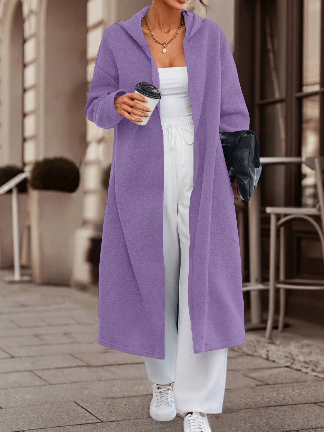 Damen Langer Oversize Kapuzenmantel mit offener Front und weichem Fleece Shop Nory