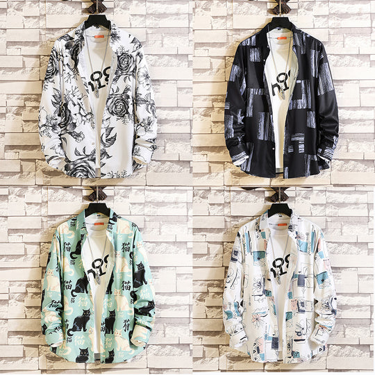 Herren langärmliges Hemd mit offenem Reverskragen, kontrastivem Blumenprint und lässiger Regular-Fit Silhouette Shop Nory