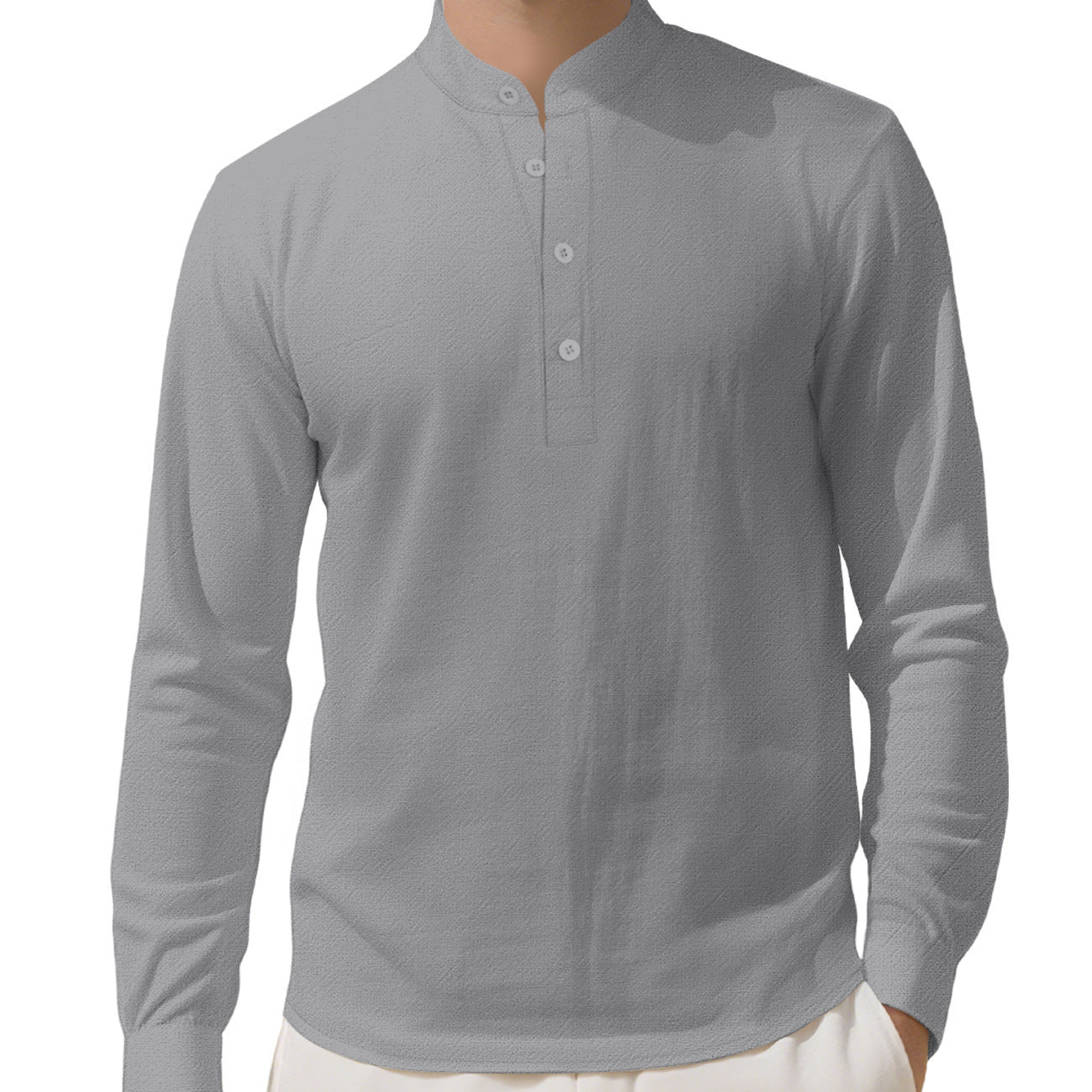 Herren nan Nehru-Kragen-Henley aus Baumwollstretch mit verdeckter Knopfleiste und schmaler Passform