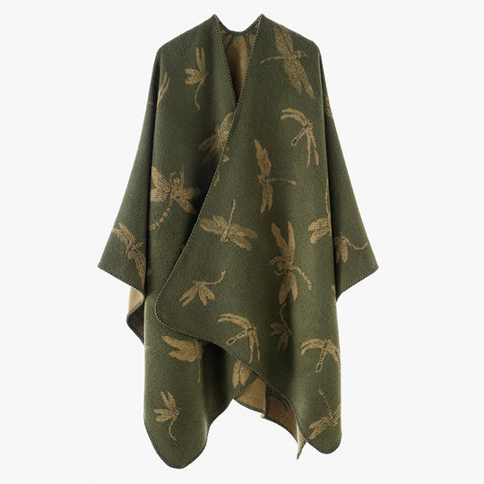 Damen Wollmix-Poncho mit Libellen-Jacquard und offenem Wasserfall-Schnitt Shop Nory