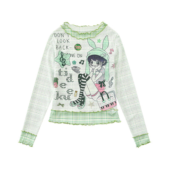 Damen Transparentes Mesh-Langarmshirt mit Manga-Print, Rüschensaum und Karomanschetten Shop Nory
