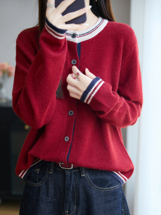 Damen Lockerer Feinstrick-Cardigan mit Kontraststreifen an Kragen und Bündchen Shop Nory