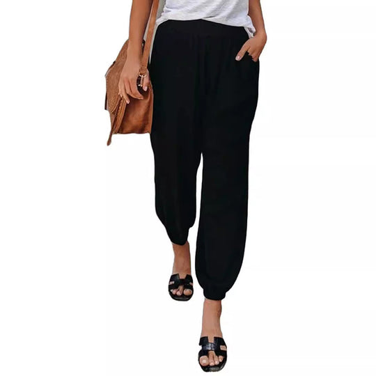Damen lässige Leinen-Hose mit elastischem Bund und Gummizug