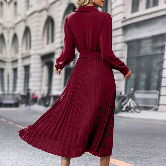 Damen Plissiertes Wickel-Midikleid mit Hemdkragen, Taillengürtel und langen Manschettenärmeln Shop Nory