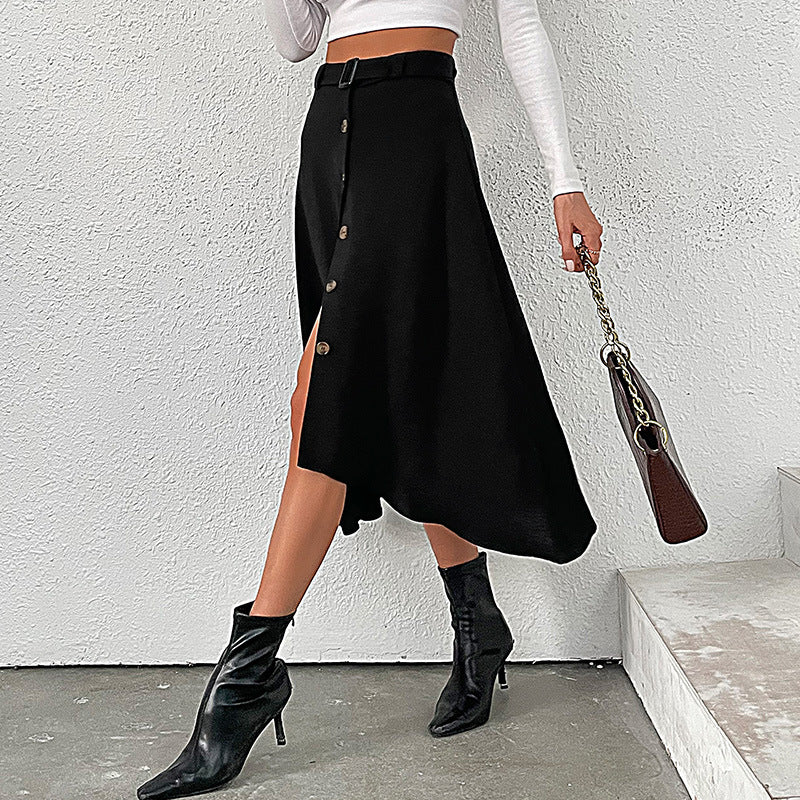 Damen Midirock mit Zierknopfleiste, Taillengürtel und leicht A-Linien-Schnitt Shop Nory