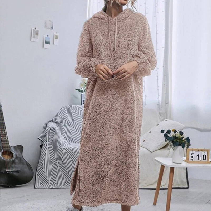 Damen Flauschiger Fleece-Hoodie-Kleid mit Ohren und seitlichen Schlitzen Shopnory