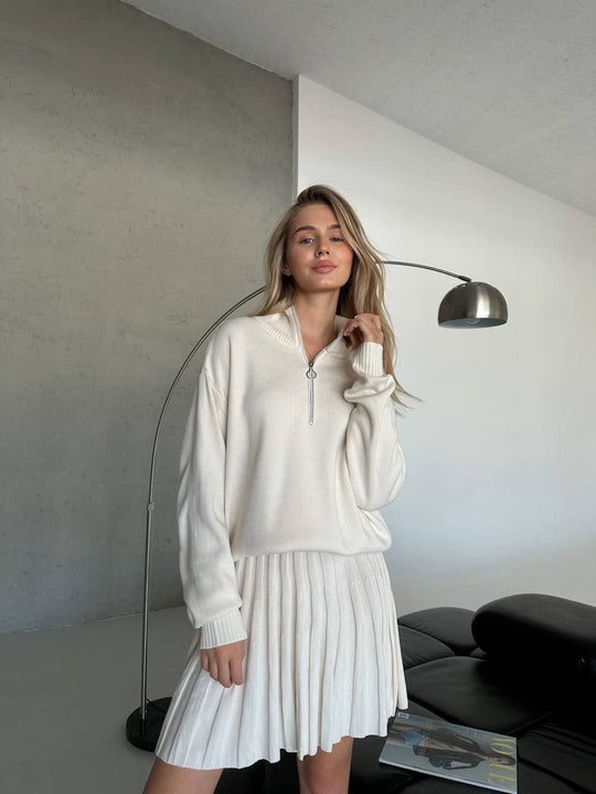 Damen gemütliches Strick-Set mit Reißverschluss-Pullover und plissiertem Rock Shop Nory