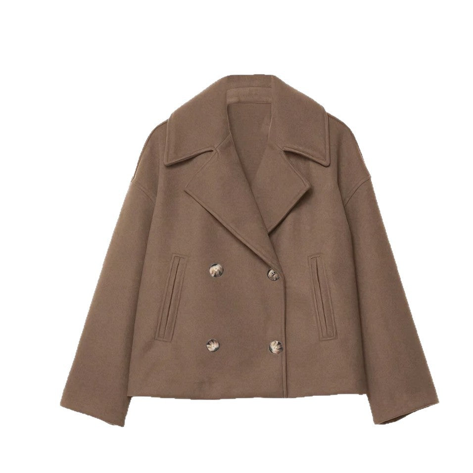 Damen nan kurzes doppeltreihiges Wollmix-Manteljacke im Boxy-Cut mit weitem Reverskragen Shop Nory