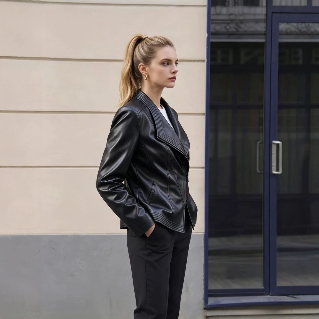 Damen Taillierte Kunstlederjacke mit asymmetrischem Reißverschluss und Ziersteppungen Shop Nory