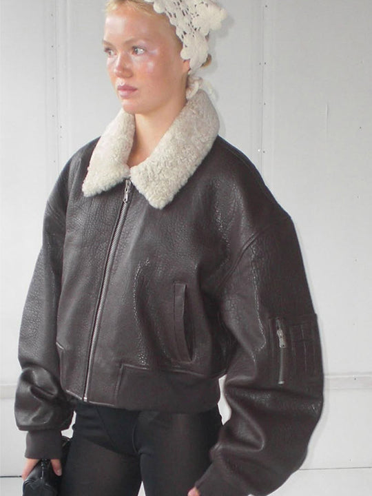 Damen Oversized Fliegerjacke im Biker-Bomber-Stil mit Teddykragen Shop Nory