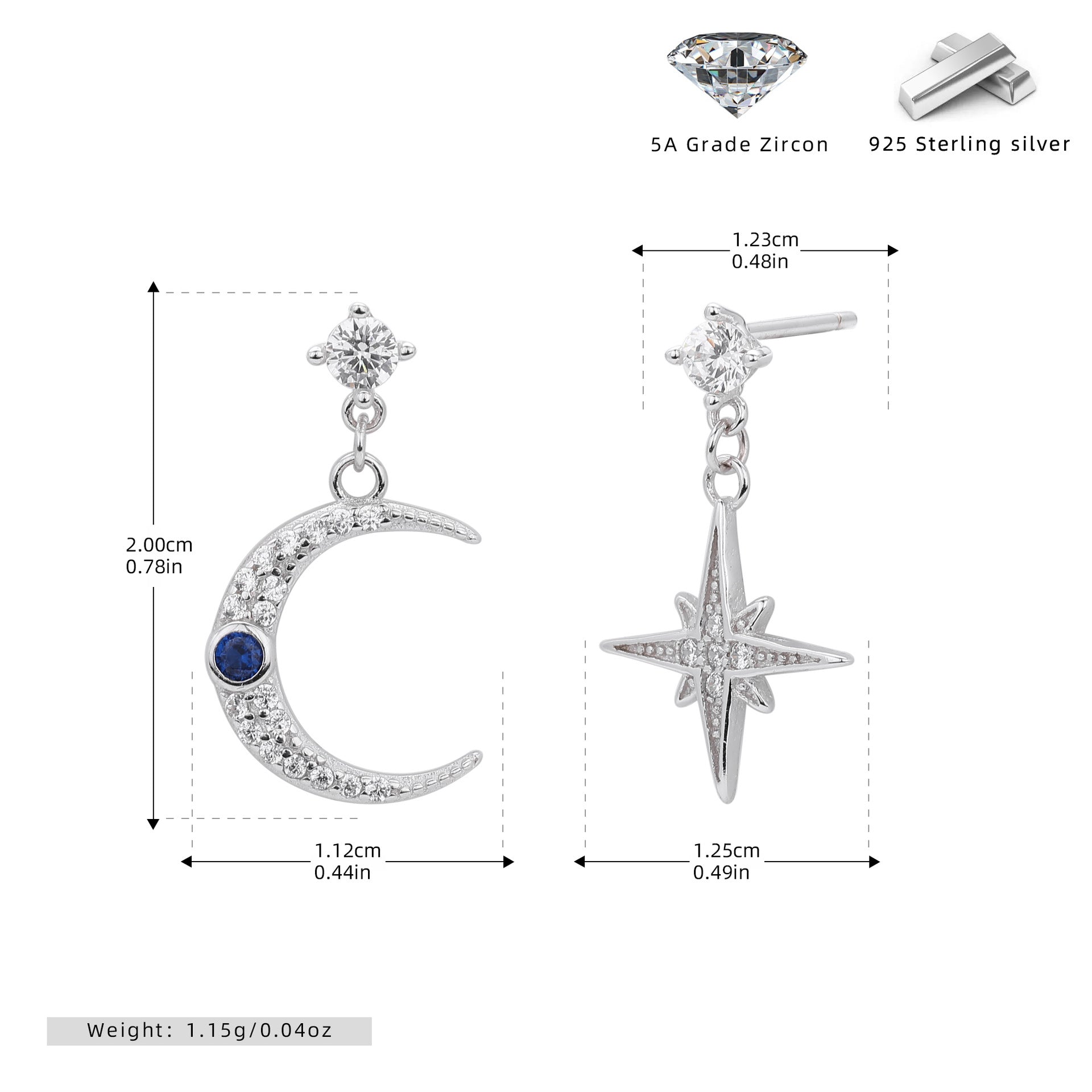 Damen Ohrhänger mit funkelndem Mond- und Sternmotiv aus 925 Sterlingsilber Shop Nory