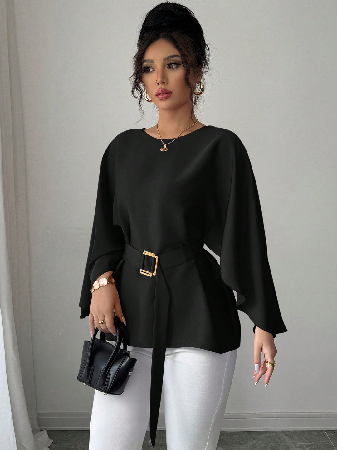 Damen Elegante Chiffon-Tunika mit Cape-Ärmeln und Taillengürtel Shop Nory