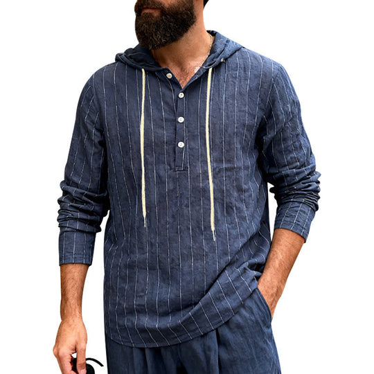 Herren nan Kapuzenshirt aus Leinenmix mit halber Knopfleiste und Nadelstreifen