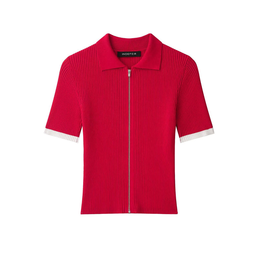 Damen Gerippte Kurzarm-Polo-Strickjacke mit durchgehendem Reißverschluss Shop Nory