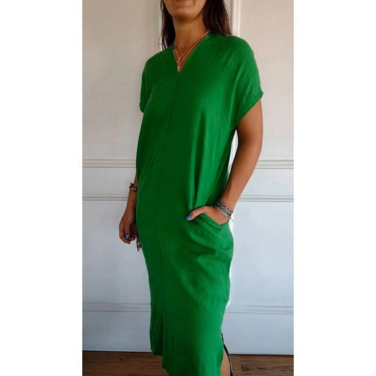 Damen Lässiges V-Ausschnitt Kleid mit praktischen Taschen und oversize Schnitt Shopnory